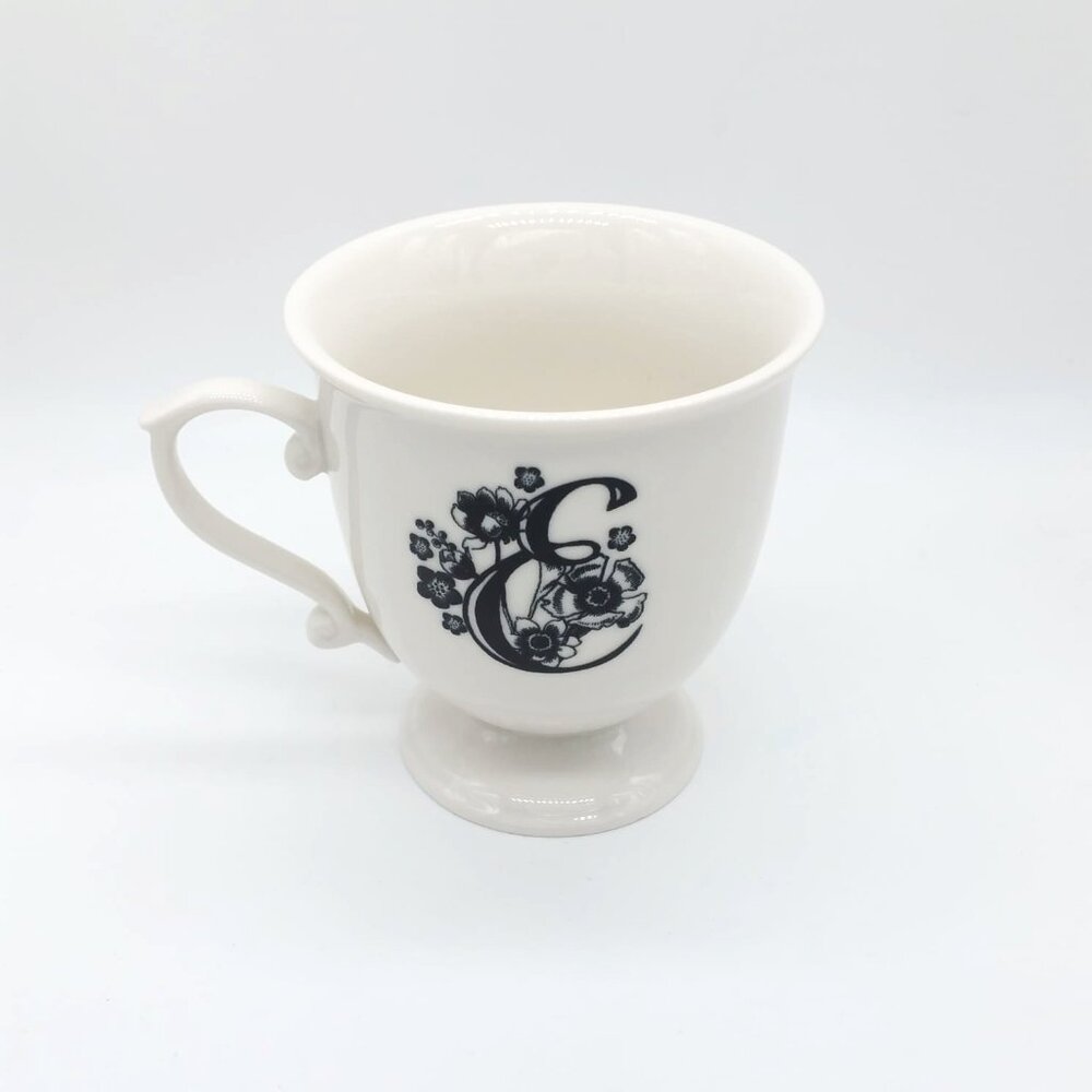 Anthropologie MISSUS Monogram Cup Floral Letter 'E' Pedestal Footed Mug Teacup